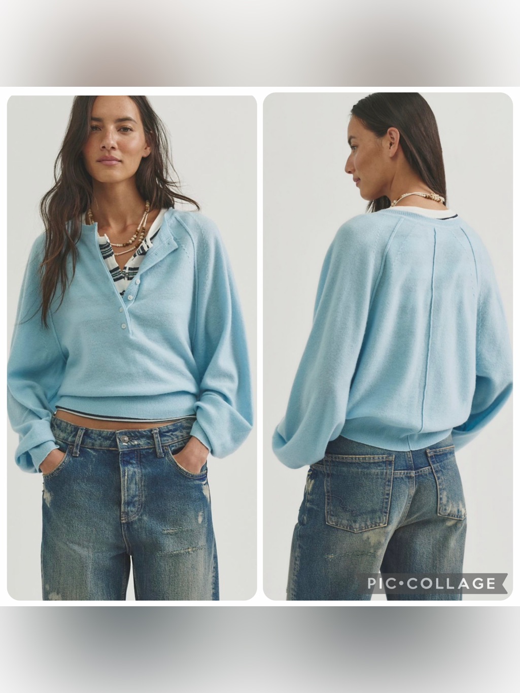 Nwt New Large Free People Porta Cashmere Henley Sweater Buttons Light Blue